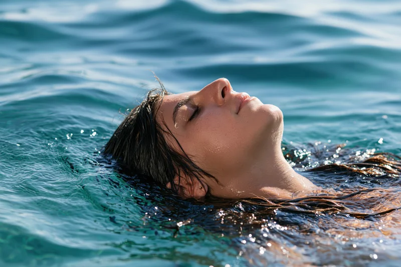 Woman floating on her back in open water with eyes closed
