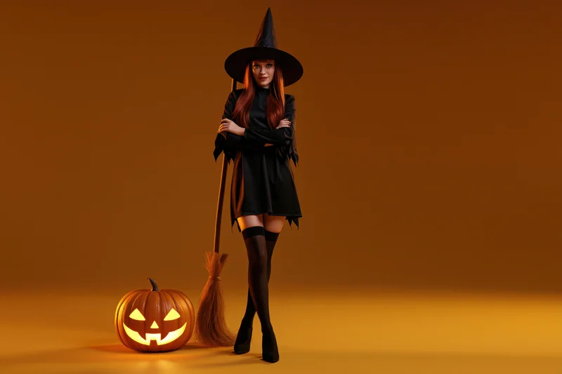 Young woman in witch costume holding broom beside glowing jack-o-lantern on warm orange background