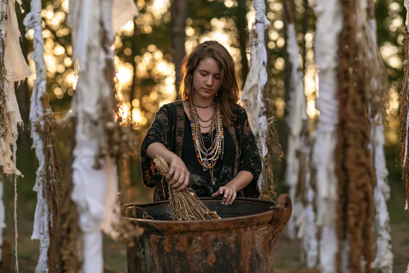 Young woman preparing herbs in a rusted bucket surrounded by hanging dried plants in a forest at golden hour