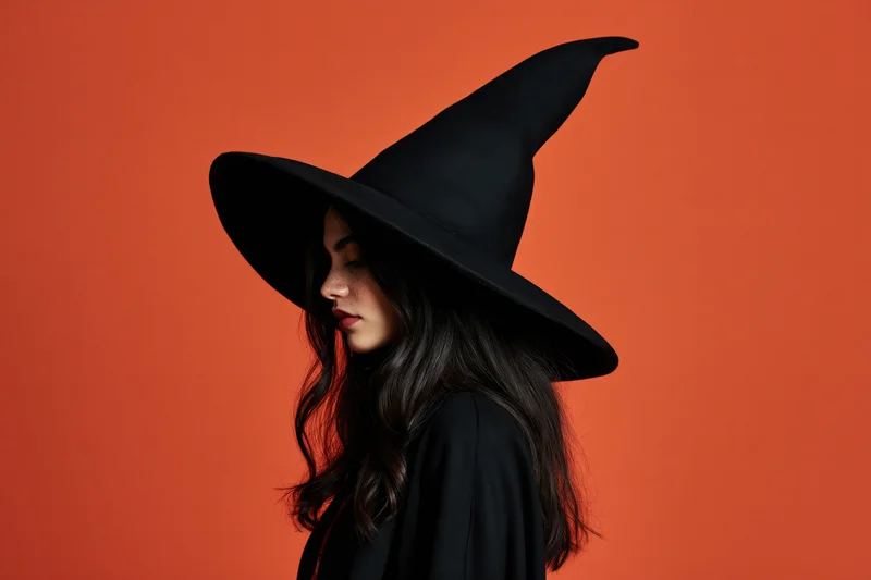 Woman in witch costume in profile against orange background
