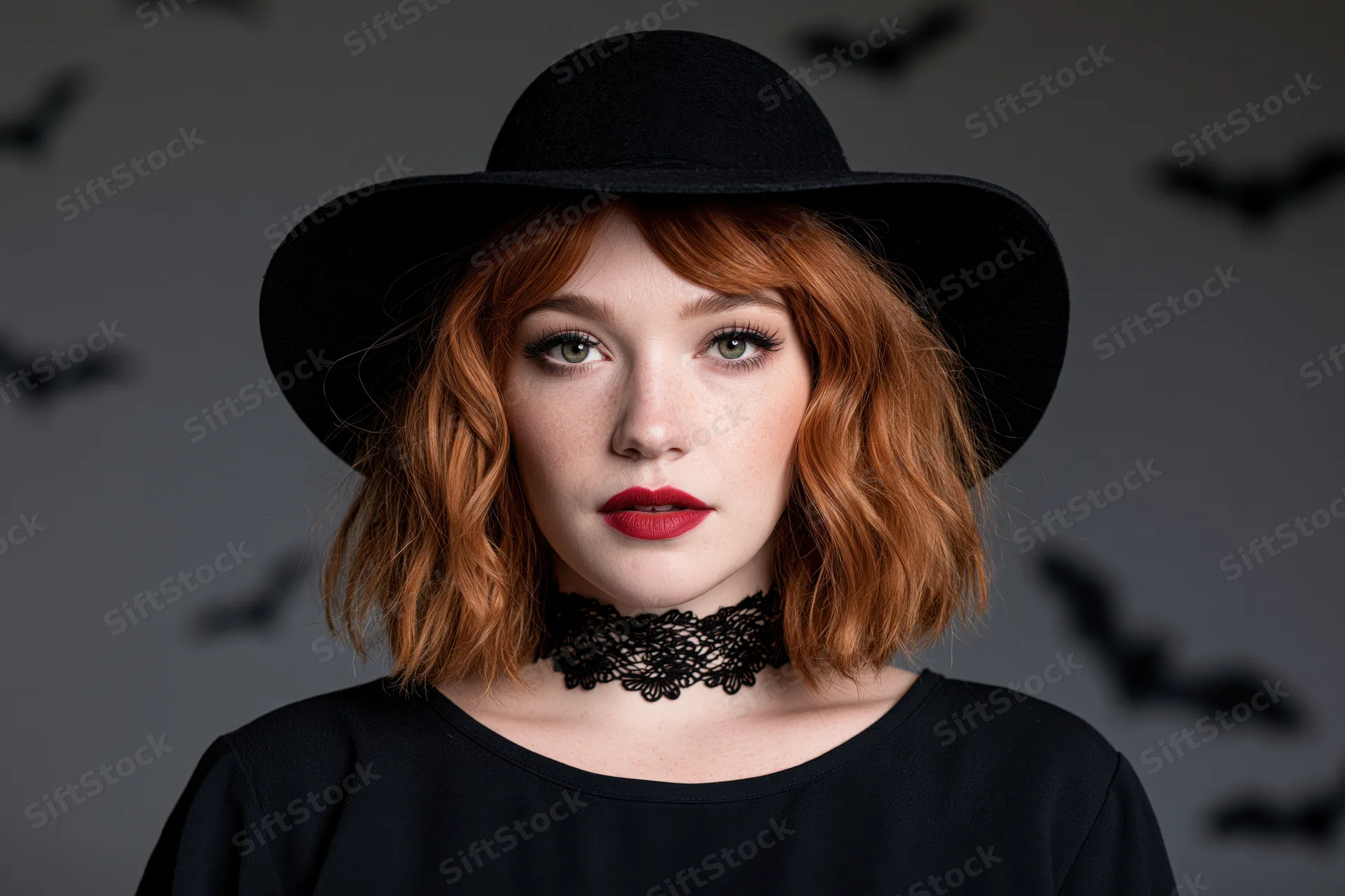 Young woman in witch costume with black hat and lace choker against bat-silhouetted background