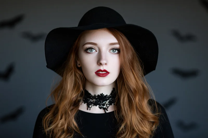 Young woman in witch costume with wide-brim hat and lace choker, posing against dark background with bat silhouettes