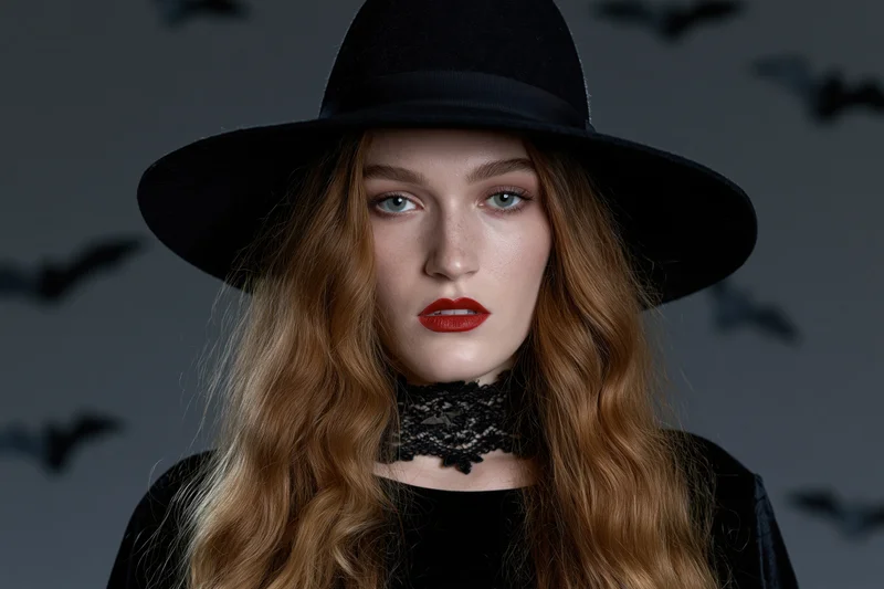 Woman in witch costume with wide-brim hat and red lips, wearing lace choker, against dark background with flying bat silhouettes