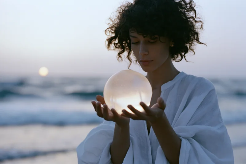 Young woman holding a glowing translucent sphere on a beach at sunset