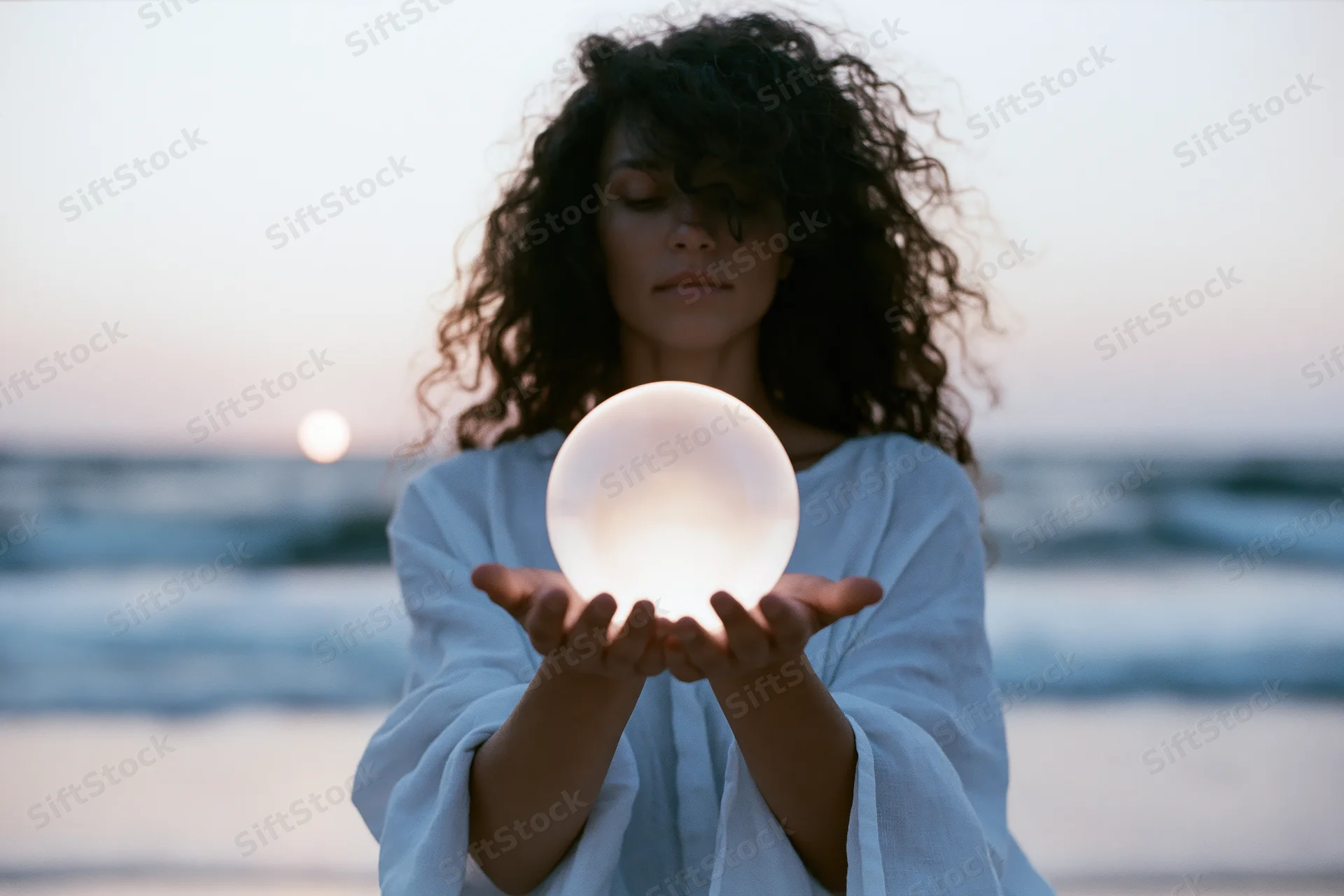 Woman holding glowing sphere on beach at sunset