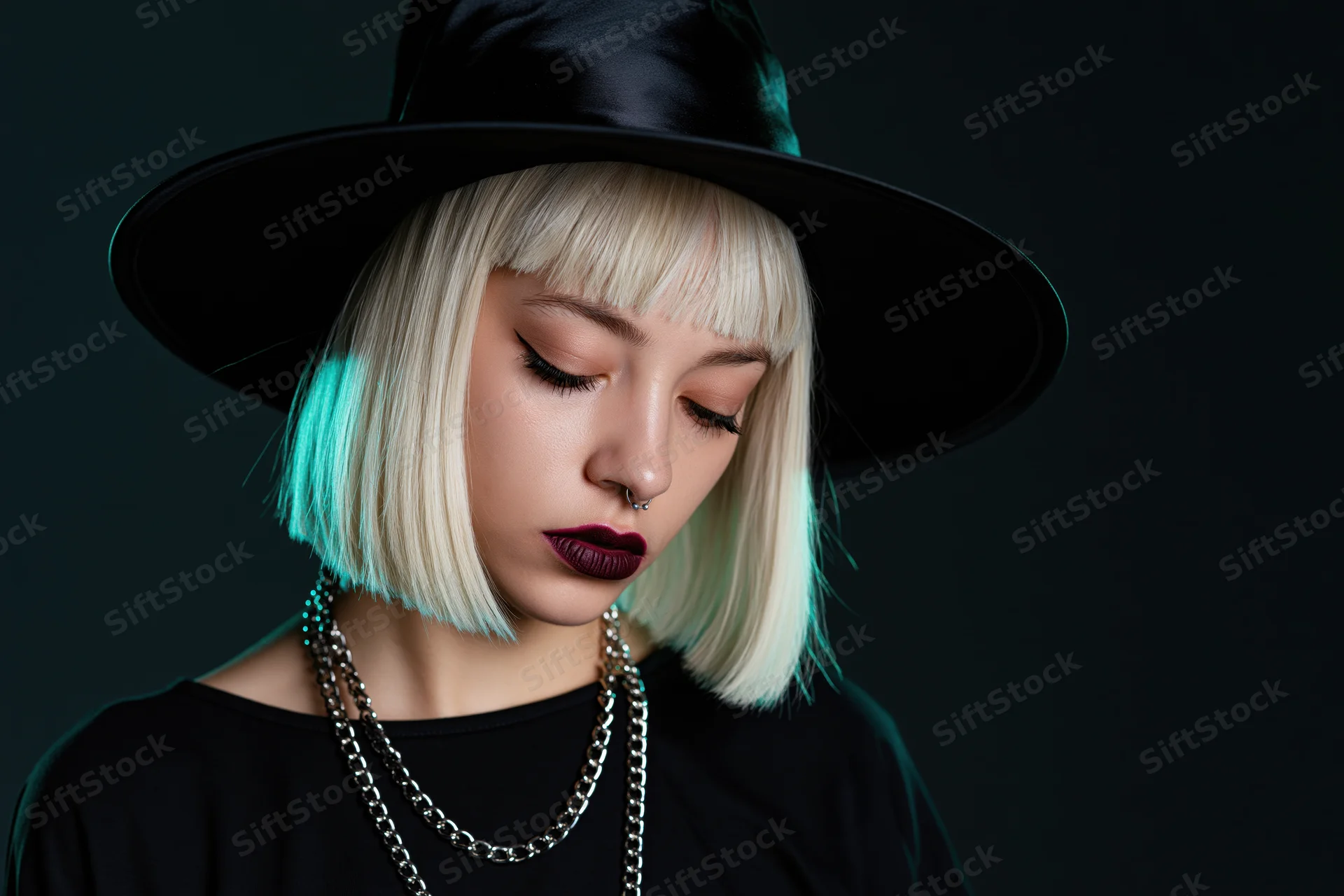 Young woman in black witch hat with platinum blonde bob and dark lipstick, eyes closed, in studio portrait