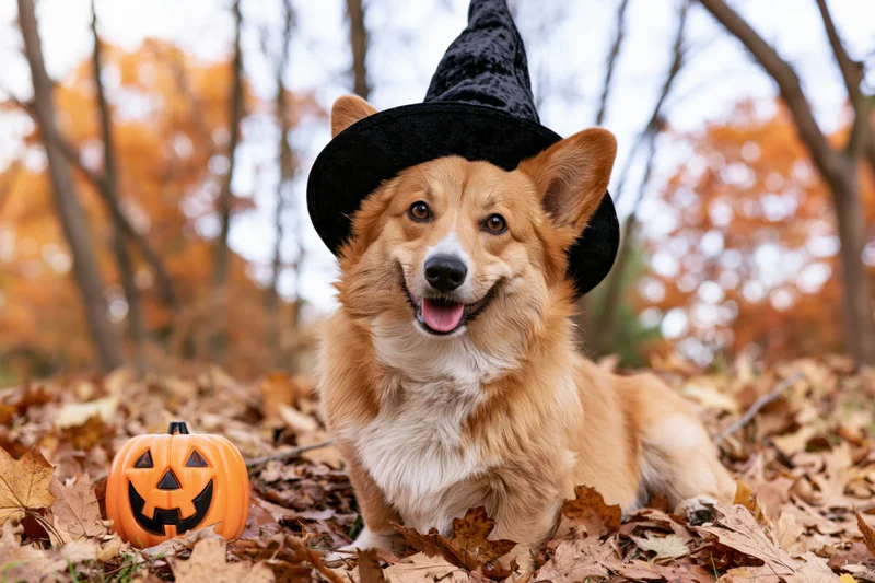 Corgi dog wearing black witch hat sitting among fallen autumn leaves with jack-o-lantern pumpkin nearby