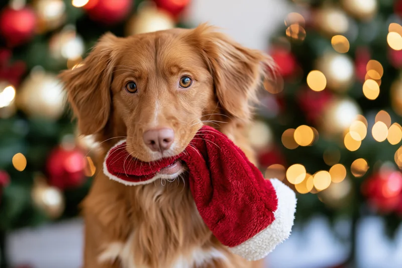 Nova scotia duck tolling retriever holding red santa hat in front of decorated christmas tree