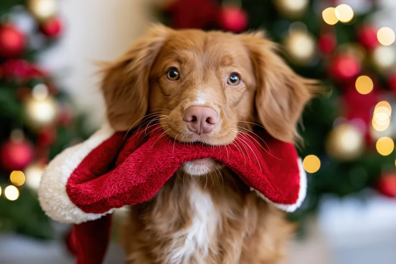 Nova scotia duck tolling retriever holding red santa hat in front of decorated christmas tree