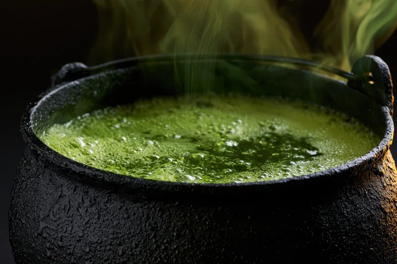 Black cast iron cauldron with bubbling green potion emitting steam against dark background