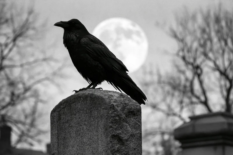 Raven perched on stone grave marker under full moon in cemetery
