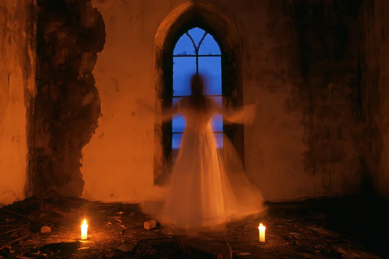 Blurred ghostly woman in white flowing dress standing in arched window of ruined church interior at night with candles on floor