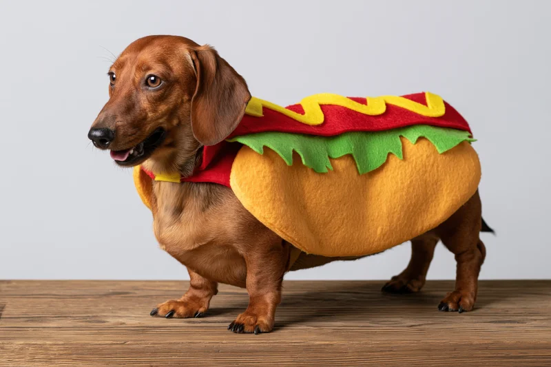 Brown dachshund wearing hot dog bun costume standing on wooden floor