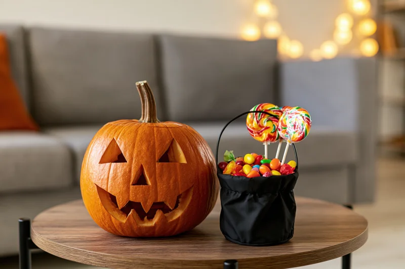 Carved jack-o-lantern and candy-filled bucket on wooden table in living room