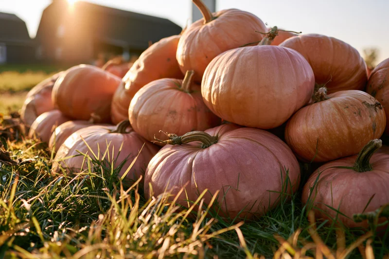 Pile of pale pink and orange pumpkins resting on grass in a farm field at golden hour