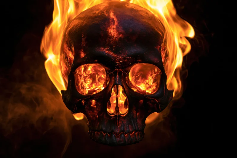 Dark human skull engulfed in orange and yellow flames with glowing eye sockets and nasal cavity against black background