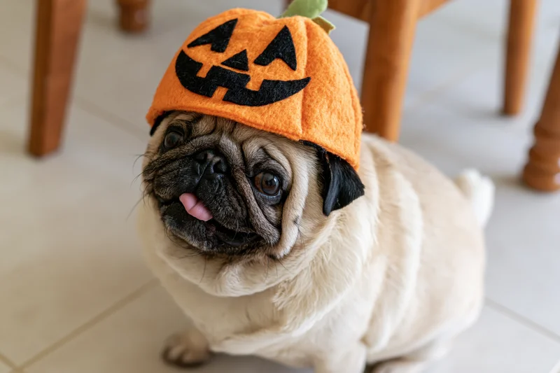 Fawn pug wearing orange pumpkin hat sitting on light tile floor indoors
