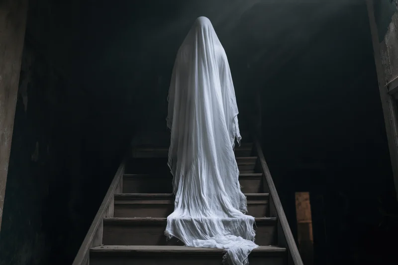 Ghostly figure draped in white sheet standing on dark wooden stairs