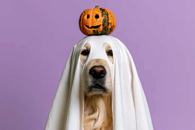Golden retriever wearing white ghost sheet with carved pumpkin on head against purple background