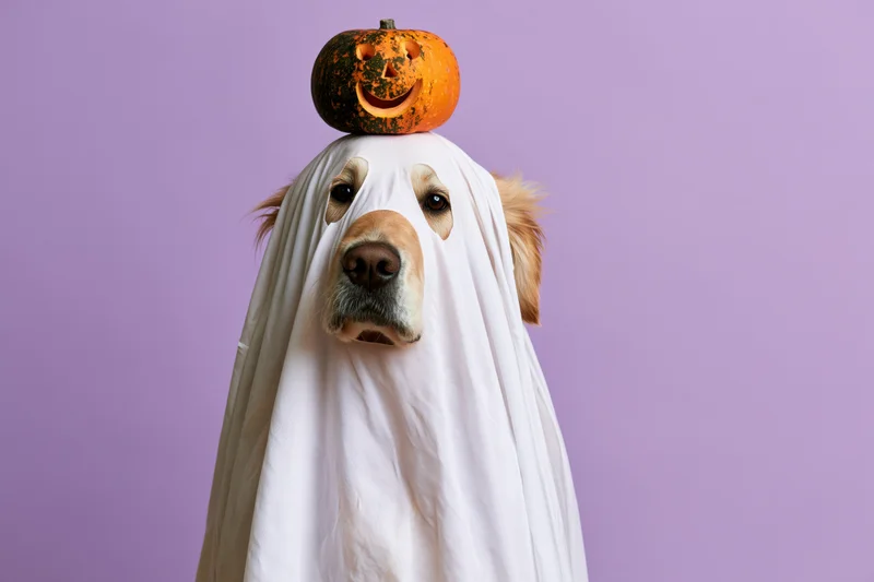 Golden retriever in white ghost costume with carved pumpkin on head against purple background