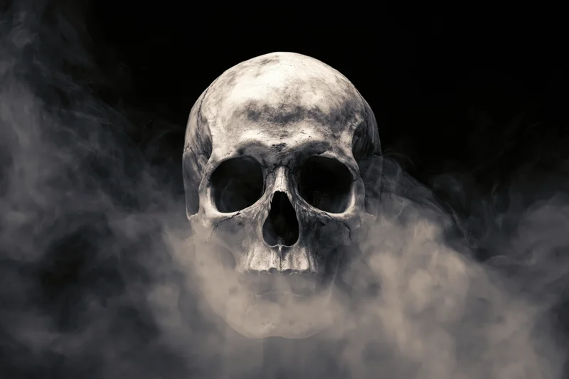 Human skull emerging from wisps of white smoke against a dark background