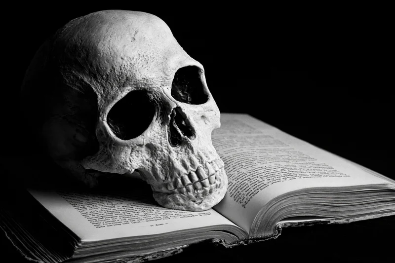 Human skull resting on open aged book with yellowed pages in dark setting