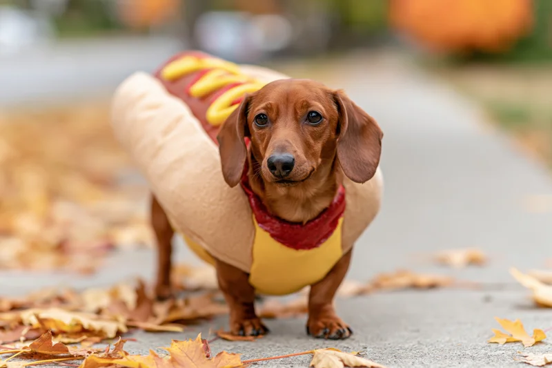 Miniature dachshund wearing hot dog costume on sidewalk covered in autumn leaves