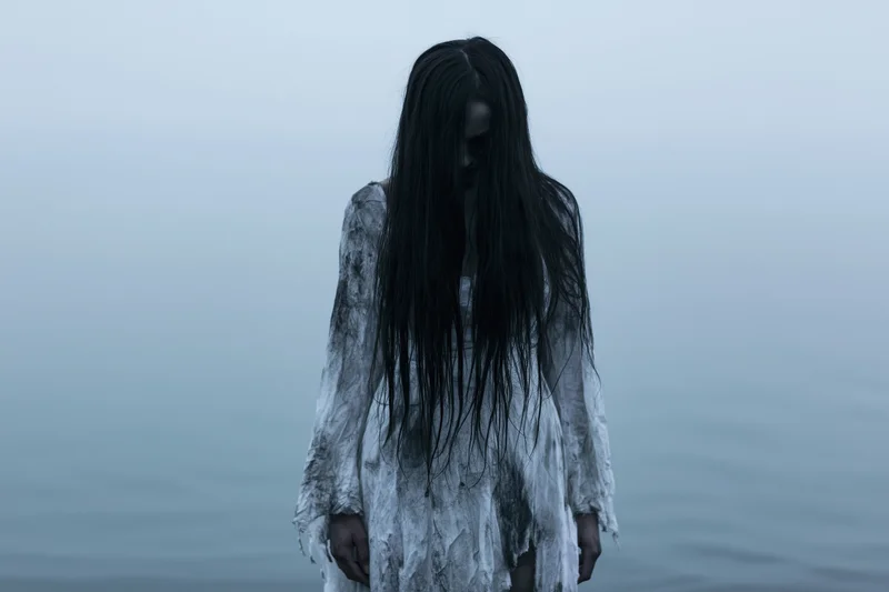 Pale woman with long black hair obscuring her face stands in foggy water at twilight