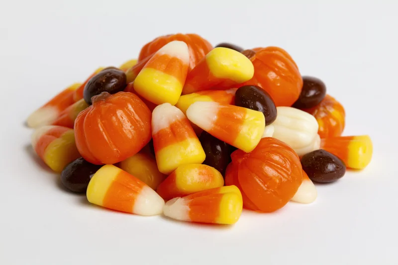 Pile of halloween candy mix heaped on plain white surface