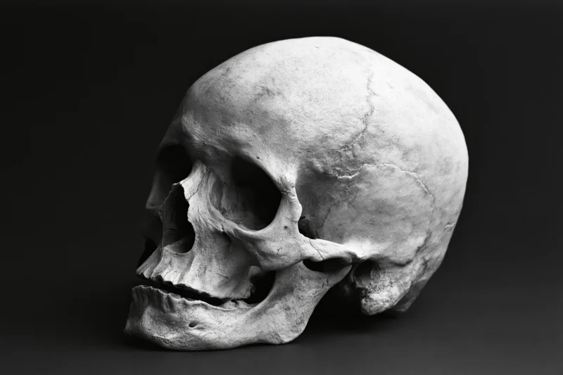 Human skull resting on dark surface in studio lighting