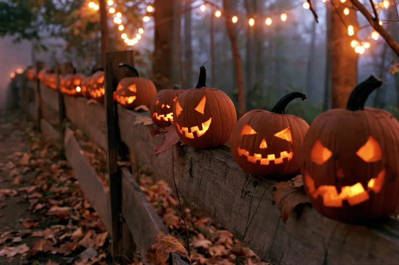 Carved jack-o-lanterns glowing on a wooden fence along a leaf-covered path in a forest at dusk