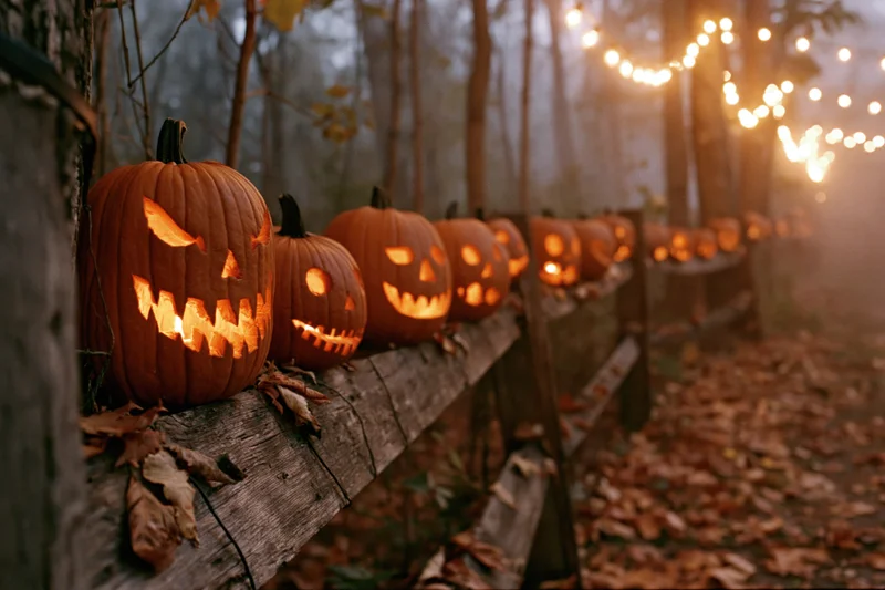 Row of carved jack-o-lanterns glowing on a wooden fence along a leaf-covered forest path at dusk