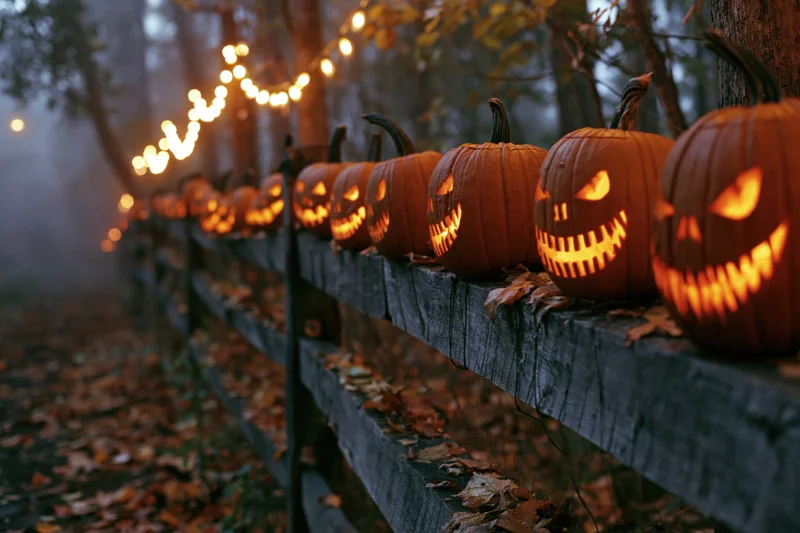 Carved jack-o-lanterns glowing on a wooden fence in a misty forest pathway at dusk
