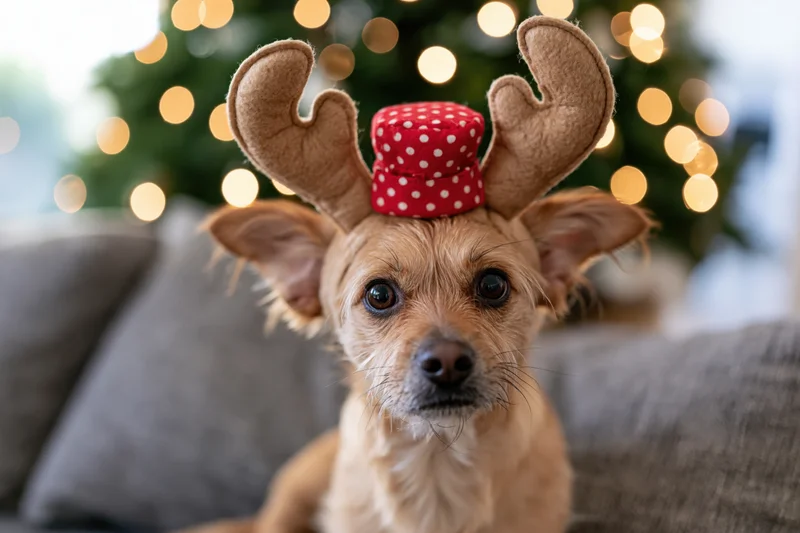 Small tan dog wearing reindeer antler headband on sofa with blurred christmas tree lights behind