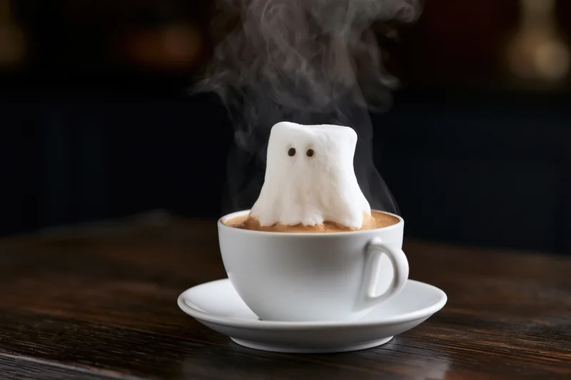 Ghost-shaped marshmallow floating in steaming coffee cup on wooden table