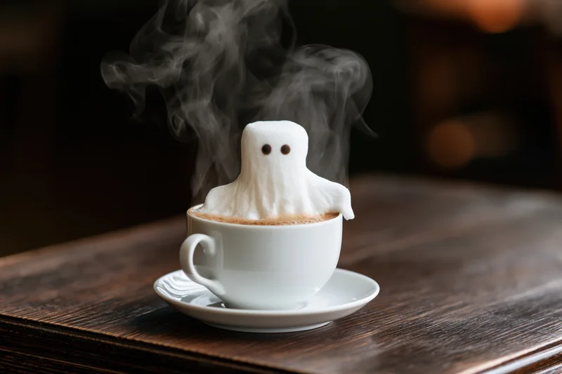 Ghost-shaped marshmallow floating in steaming coffee cup on wooden table