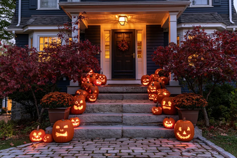 Carved pumpkins glowing on stone steps leading to a house front door at dusk