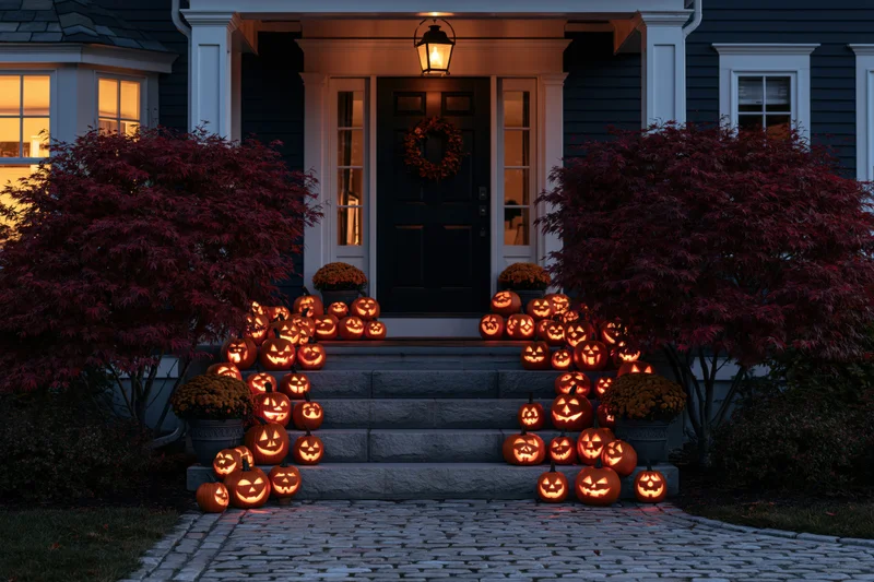 Front porch of suburban house decorated with glowing jack-o-lanterns on stone steps at dusk