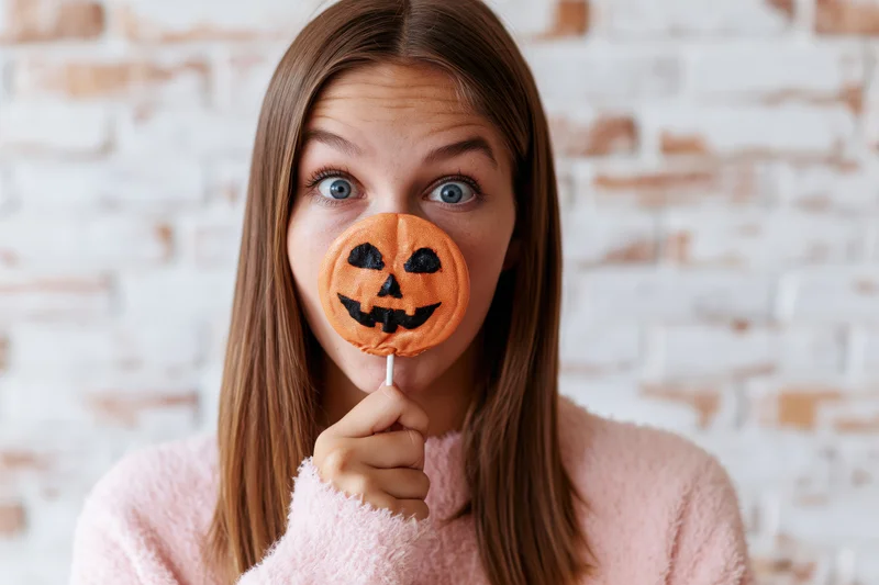 Teenage girl holding jack-o-lantern lollipop in front of face, indoors against white brick wall