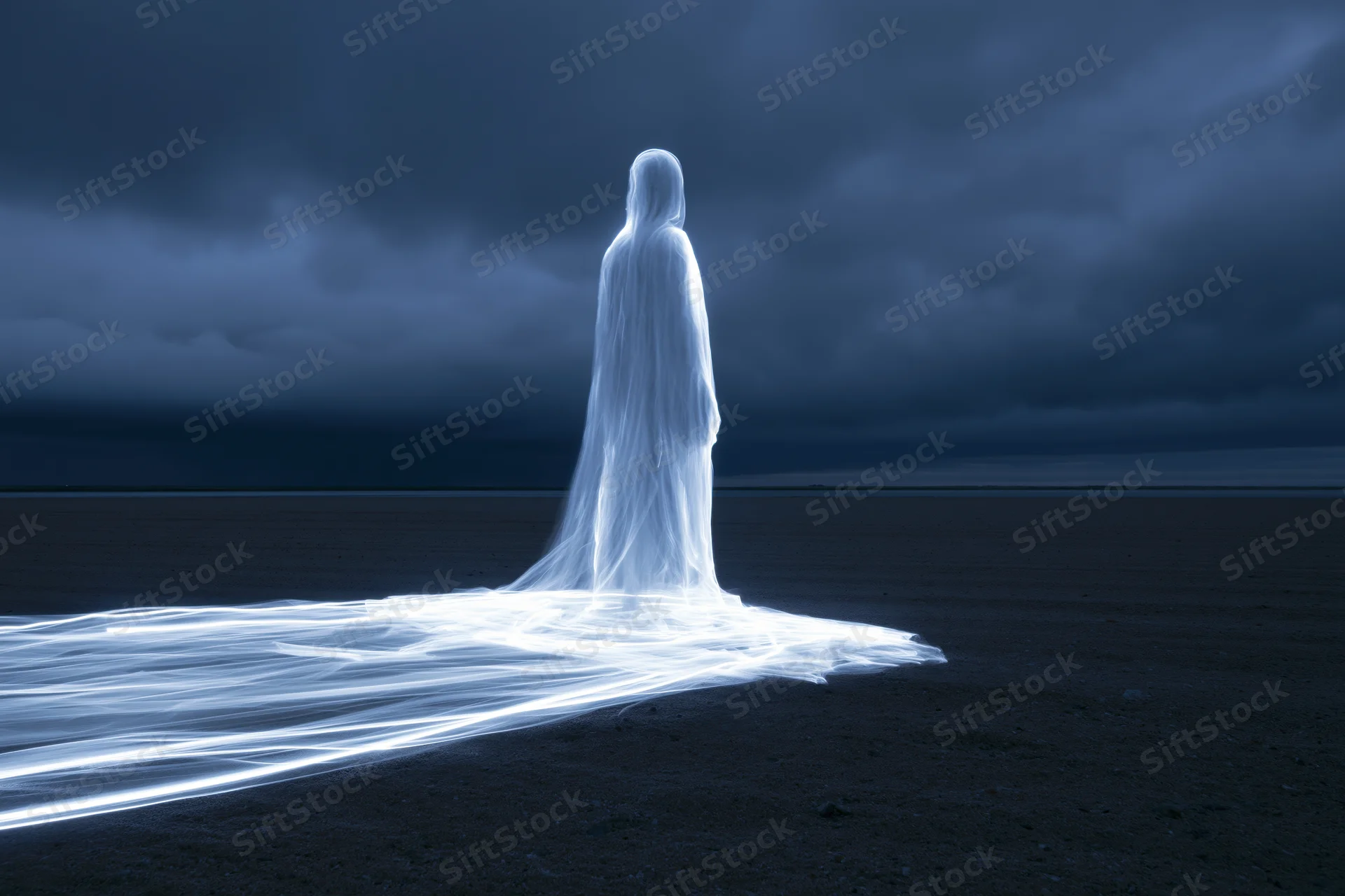 Glowing spirit figure standing on a dark beach under stormy sky