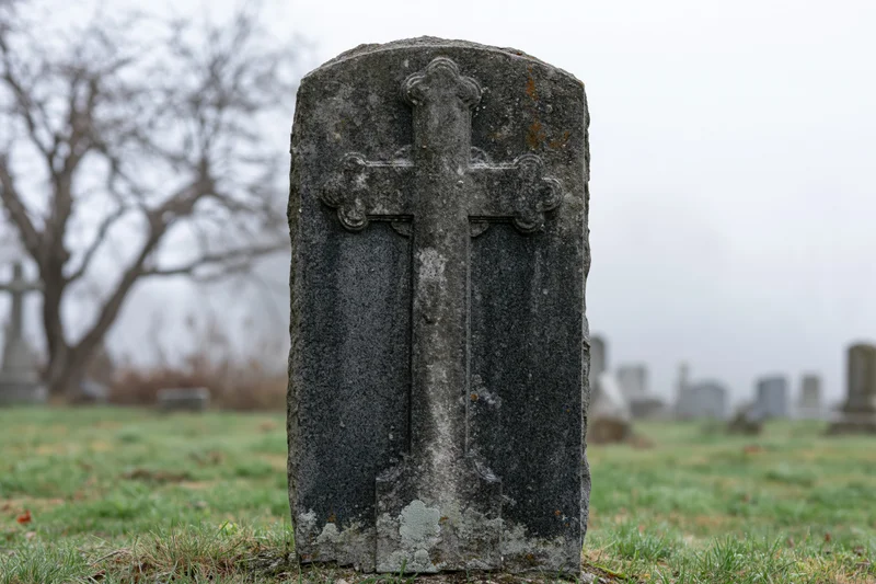 Weathered granite gravestone with carved cross standing in a foggy cemetery field