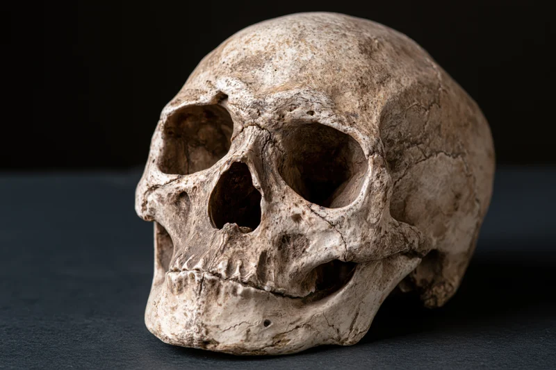 Weathered human skull resting on dark surface facing forward