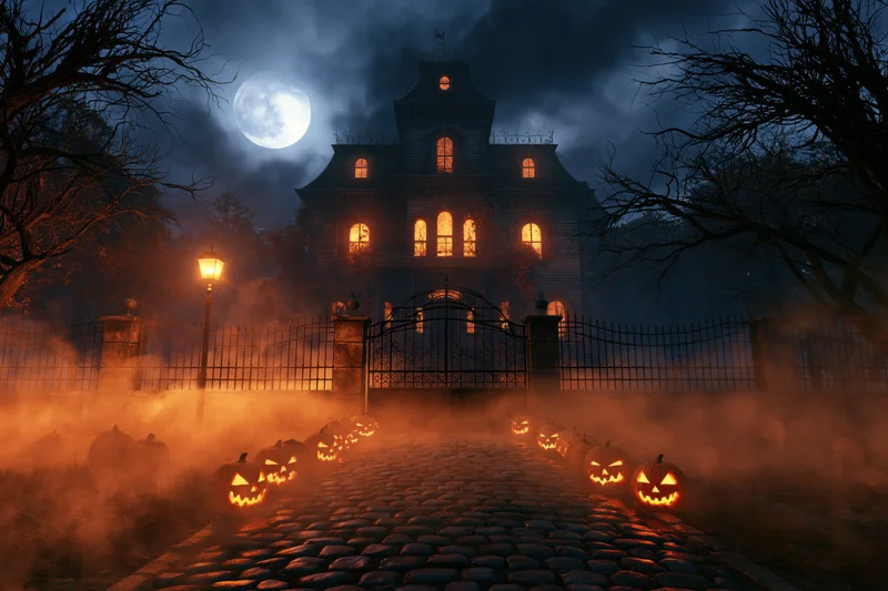 Glowing jack-o-lanterns line a cobblestone path to a Victorian haunted house at night under a full moon