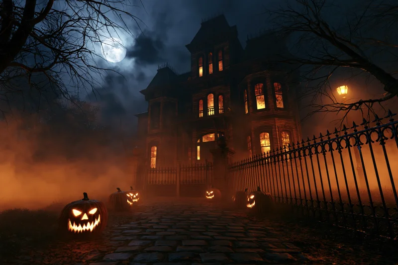 Haunted victorian house at night with glowing windows and jack-o-lanterns on a foggy cobblestone path