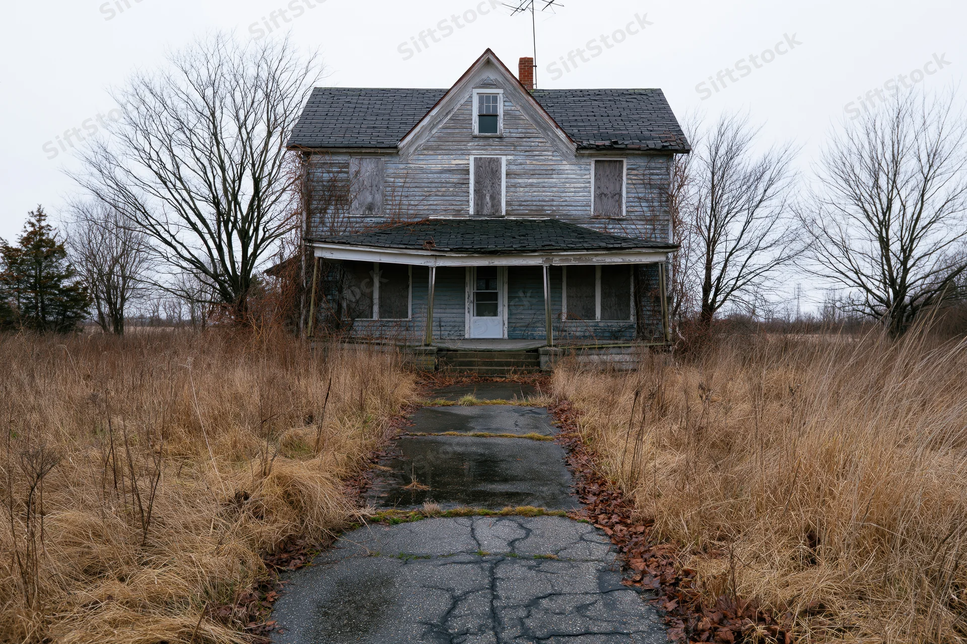 Abandoned two-story farmhouse with boarded windows and cracked pathway leading to front porch surrounded by overgrown field