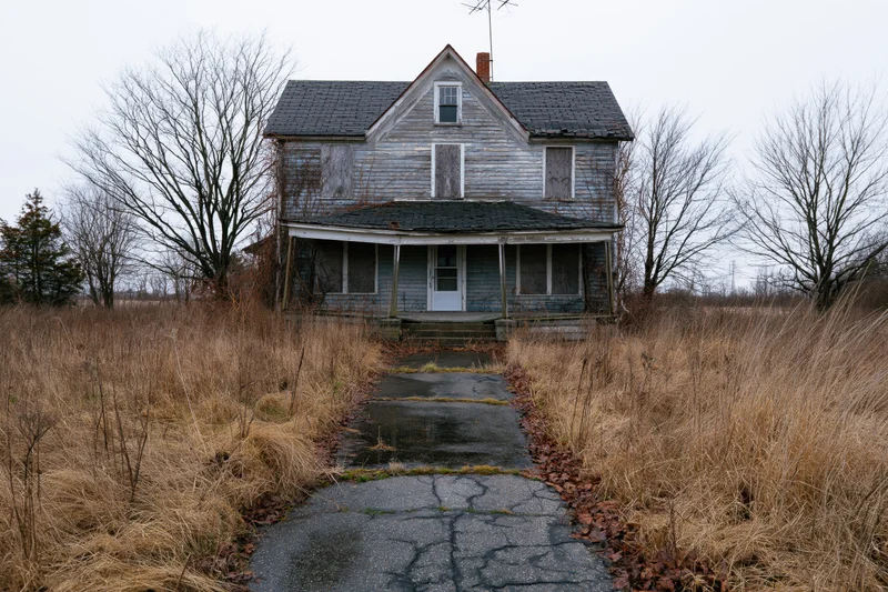 Abandoned two-story farmhouse with boarded windows and cracked pathway leading to front porch surrounded by overgrown field