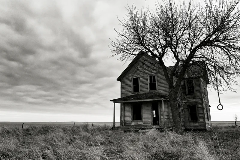 Abandoned two-story farmhouse with broken windows and sagging porch beside a bare tree in a grassy field under an overcast sky
