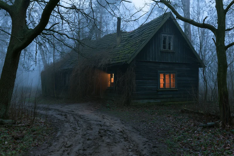 Abandoned wooden cottage with warm light in windows along muddy path in foggy forest