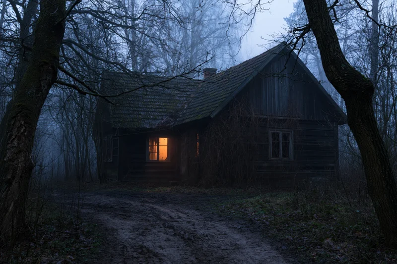 Abandoned wooden cottage with glowing window in foggy forest at night