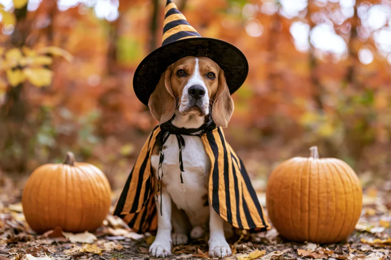 Beagle dog in striped witch costume sitting between pumpkins in autumn forest
